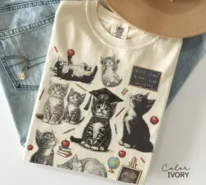 Retro Teacher Cat Kitten T-Shirt Comfort Colors, Cute Cat Elementary School Shirt, Teacher Team, Education T-Shirt Gift, Full Colors, Full Sizes