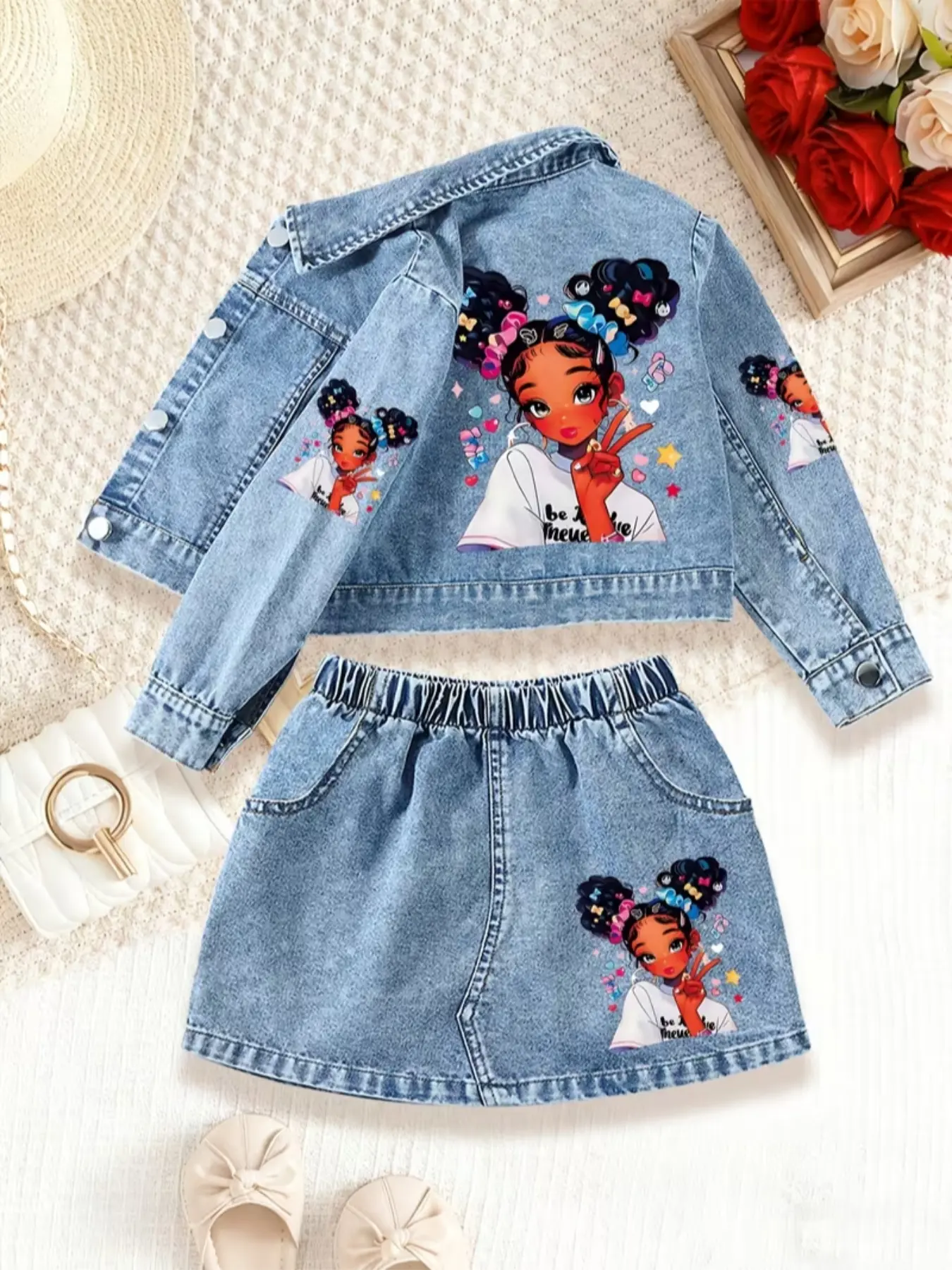 Girls' Denim Jacket and Mini Skirt Set, Cartoon Hand-Drawn Girl and Heart Print Matching Outfit Set, Denim Skirt Sets, Graphic Print Set for Spring and Fall, Dress Up Set, Cute Sets