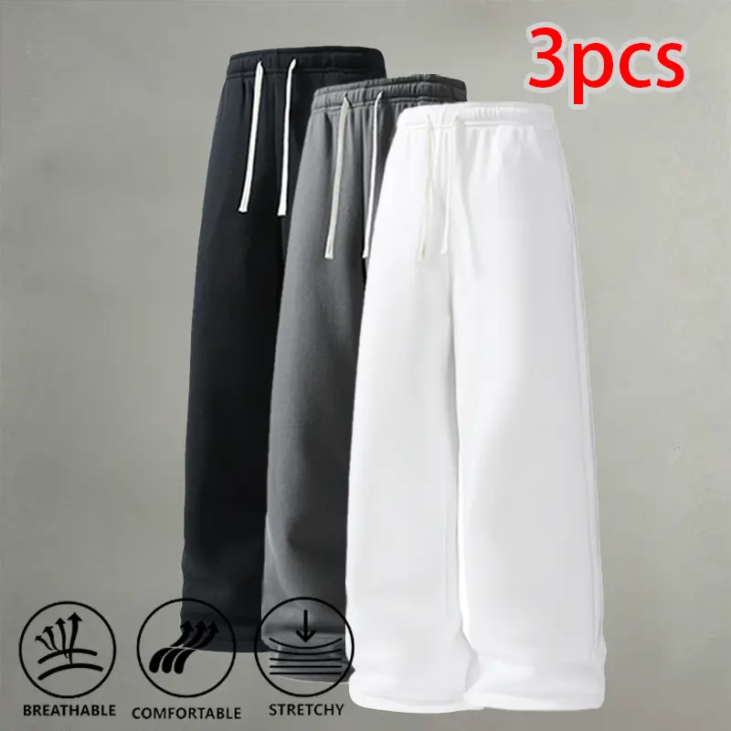 Men’s 3-Pack Plain Polyester Baggy Sweatpants - Elastic Waist, Breathable Wide-Leg Menswear Bottoms (Dark Gray+Light Gray+Black) for Travel, Everyday Wear