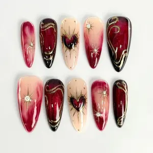 Burgundy Ombre Heart Press On Nails with Gold Swirl Details – Romantic Red Glitter Almond Nails, Luxury Valentine’s Day Handmade Nail Art Set for Date Night Glam Look