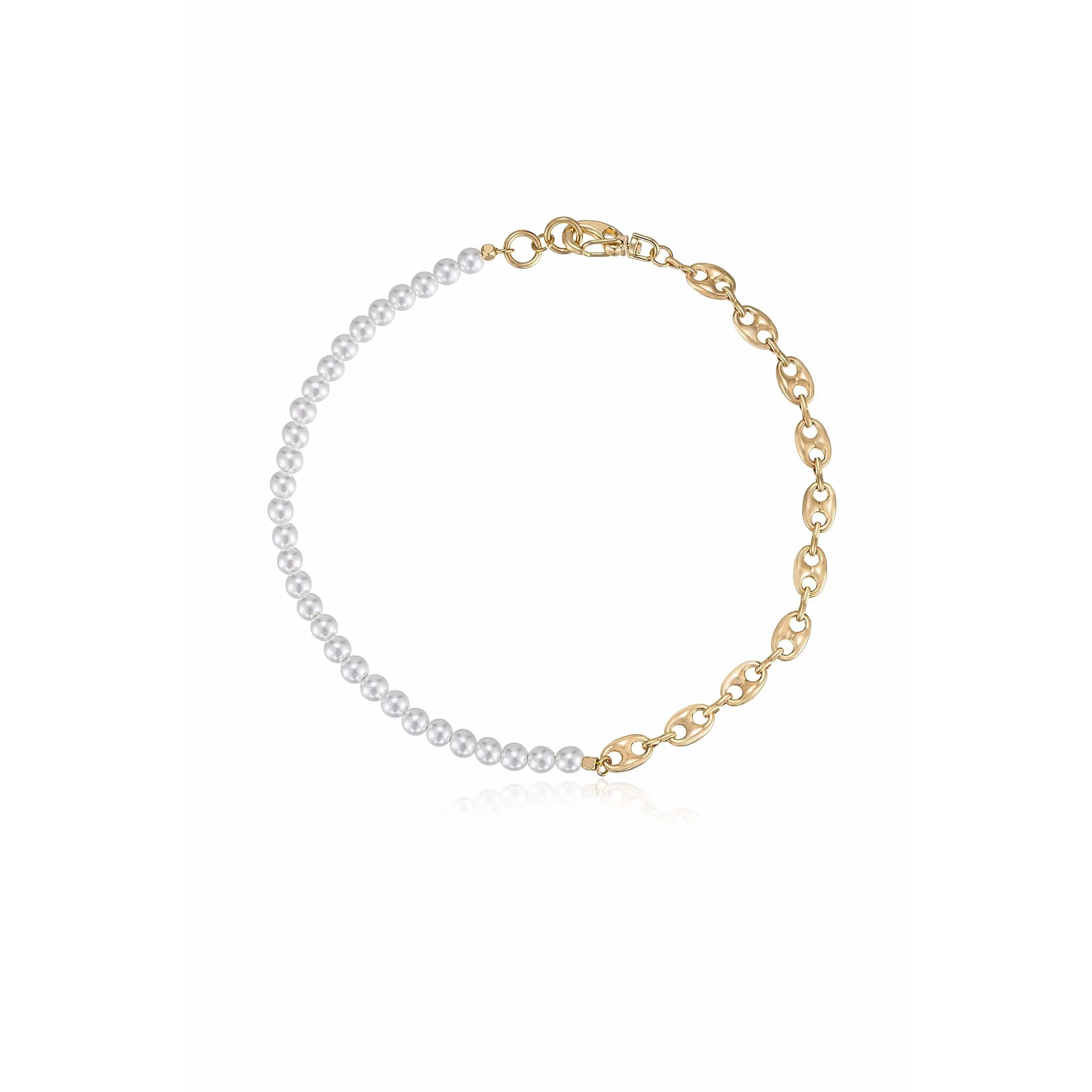Ettika Pearl and Modern Chain Link Collar Necklace 18kt Gold Plated with Acrylic Pearls 15 Inches for Adults