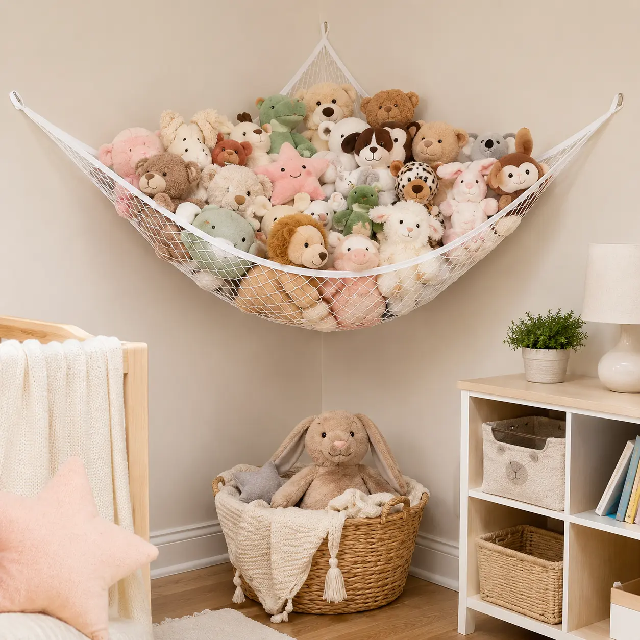Hollow Out Design Toy Storage Hammock,Wall Corner Mesh Toy Net Toy Storage Organizer, Home Hanging Organiser for Cozy Bedroom