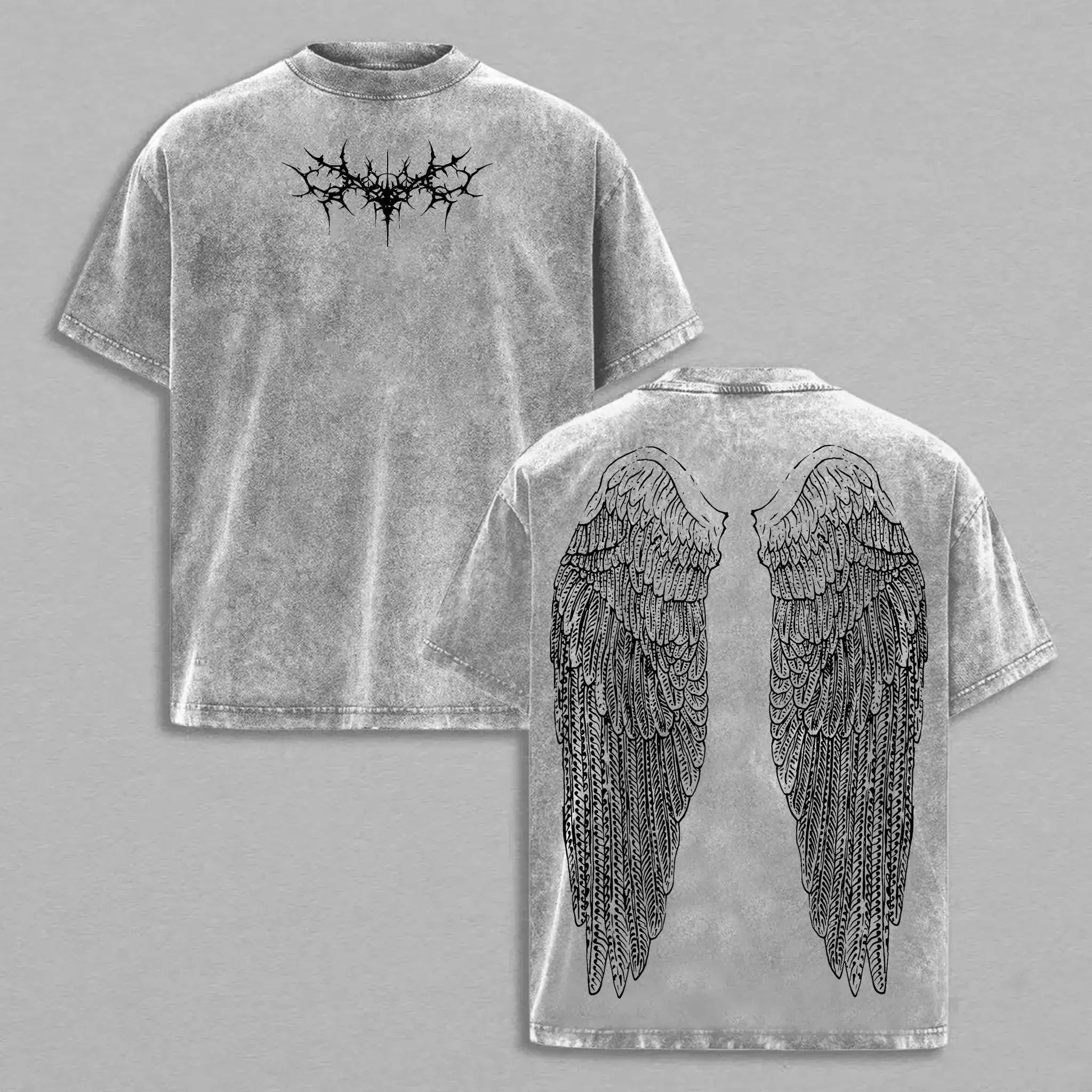 100% Cotton Washed Vintage T-Shirt – Y2K Gothic Wing Graphic Tee, Oversized Grunge Streetwear, Anime-Inspired Dark Aesthetic Top Casual Round Neck
