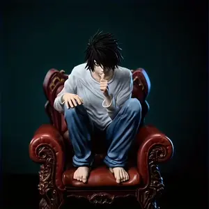 Handmade L Lawliet Collectible Collectible Figure - Chibi-Style Black-Haired Anime in White Shirt & Blue Pants with Red Chair Base, Collectors Gift Suitable for Anime Fans, Car or Desk Display, Ages 14+