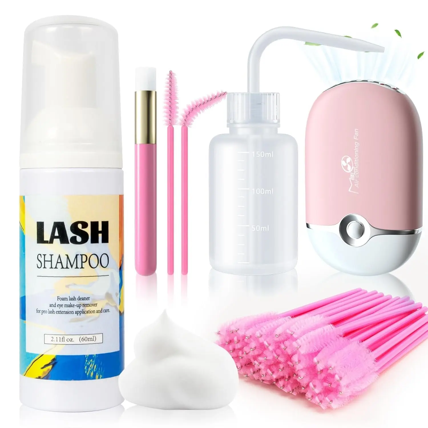 Lash Cleaning Kit, Eyelash Extension Cleanser, 60ML Lash Shampoo with Rechargeable Handheld Lash Fan Dryer, Mascara Brush Rinse Bottle, Makeup Cleansing Foam for Lash Care, Makeup Remover