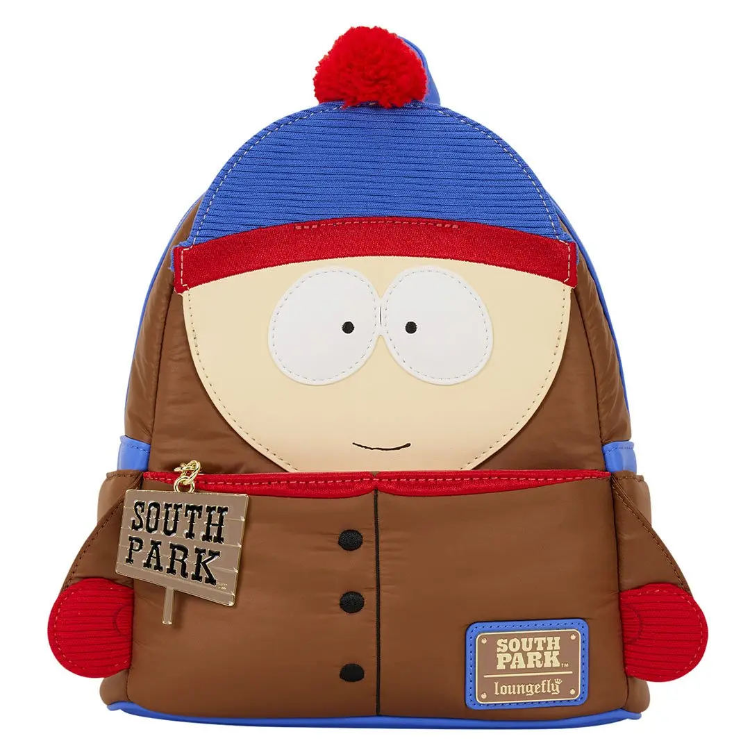 Loungefly South Park Stan Embroidered Cosplay Mini Backpack, Nylon Daypack with Adjustable Strap and Yarn Pom-Pom, Enamel, Cartoon Character, Casual, 9” W X 10.5” H X 4.5” D, Embroidery, Enamel Pin, Collectibles, Sherpa, Character Backpacks, Faux Leather