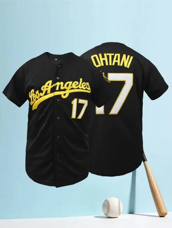 Ohtani 17 Los Angeles Black & Yellow Baseball Jersey, Custom Unisex Streetwear Hip-Hop Sports Button-Down Shirt