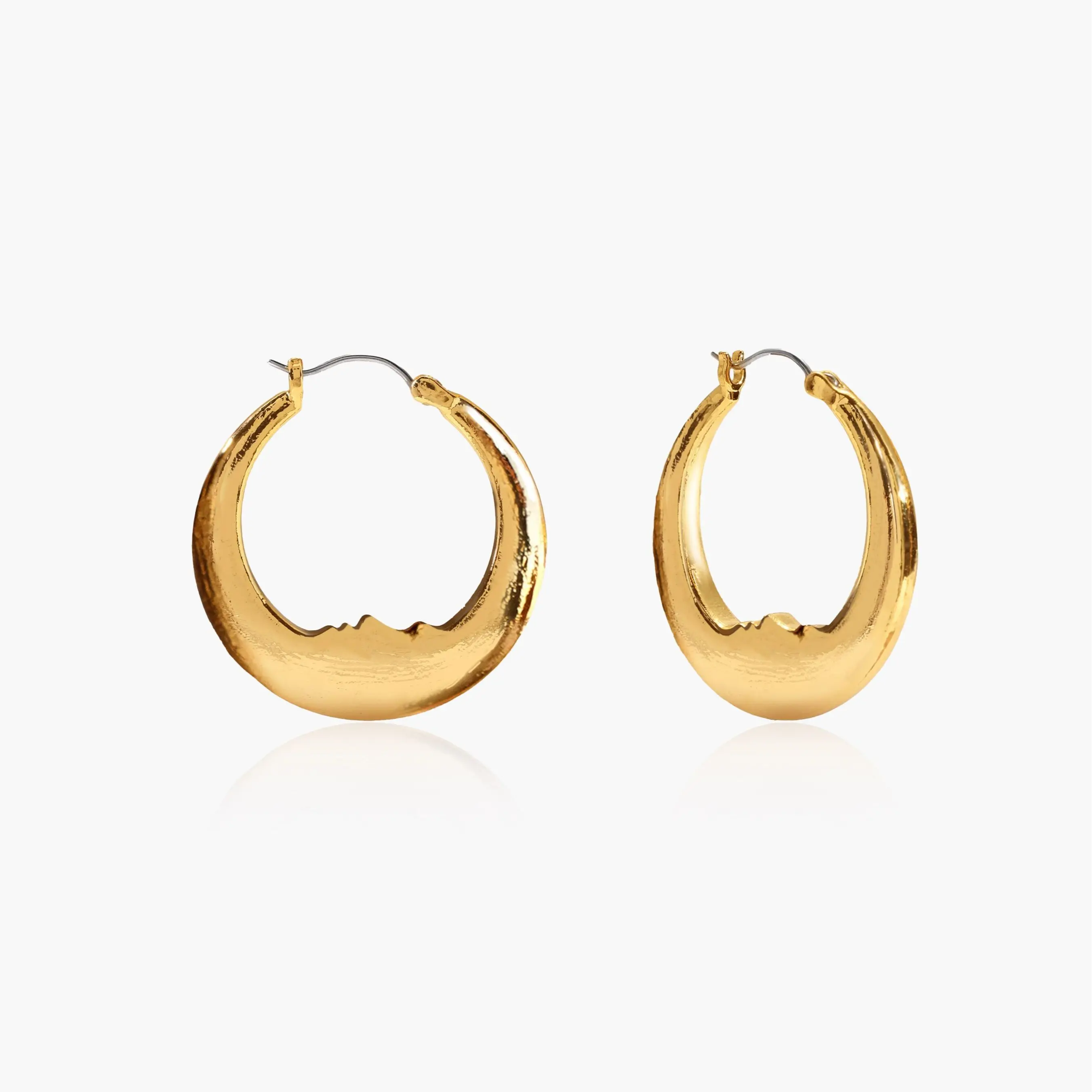 en route 18K Gold Plated Luna Earrings in Gold, Artful Carved Face Crescent Silhouette, Solid Weighty Feel, Whimsical Celestial Fairycore Style, Perfect for Mystical Daily Wear