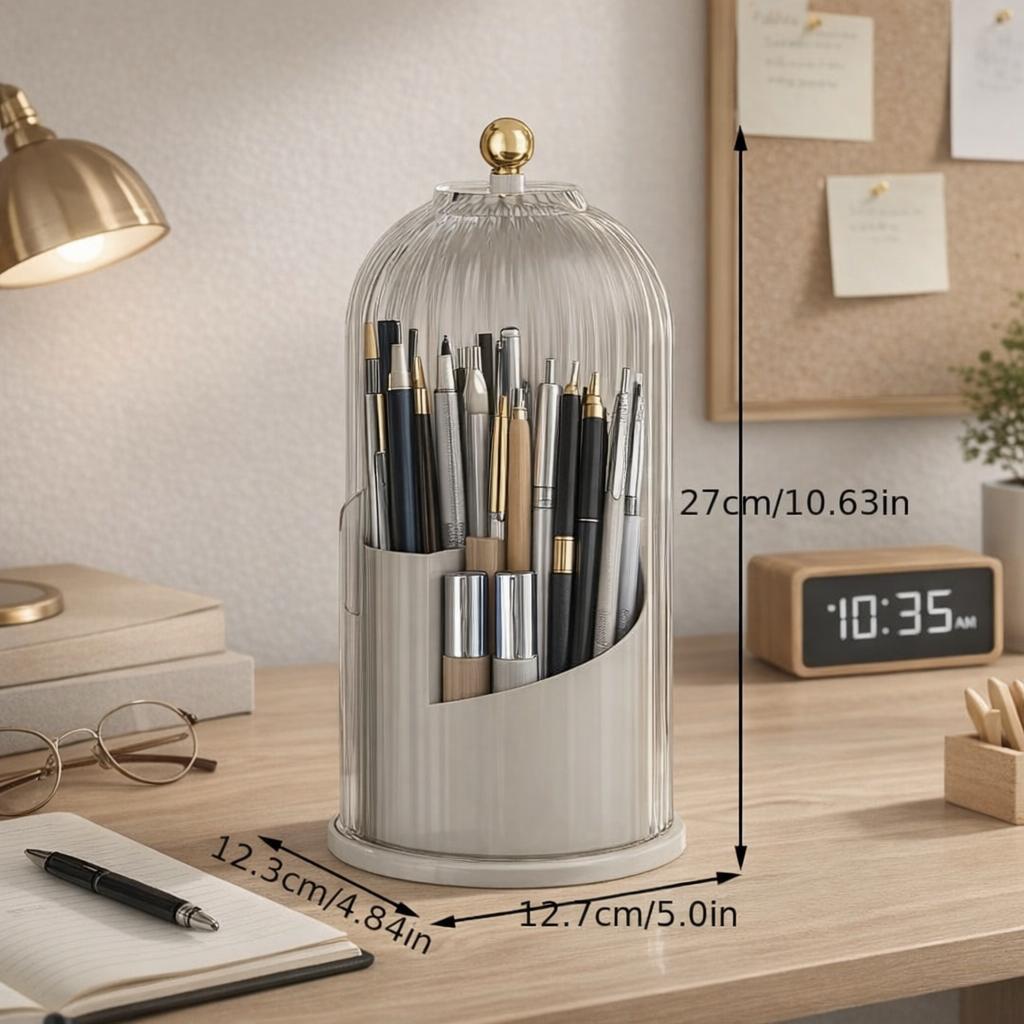Pen Holder Organizer with Lid,360 Rotating Clear Dustproof Desk Organizer for Pens, Pencils & Office Supplies
