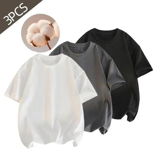 Men's 3-Piece Plain Cotton T-Shirt Set, Lightweight Relaxed Loose Fit, Half-Sleeved Round Neck, Soft Machine-Washable, Summer Casual Daily Wear (Black, Gray, Navy) Menswear Top
