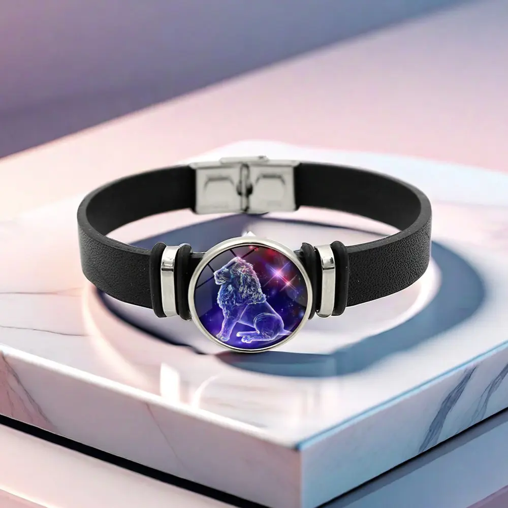 Glow in the Dark Zodiac Bracelet - Fashion Accessories, 12 Astrology Charm Bracelets for Women, Leather Magnetic Clasp Jewelry, 7.87in Unisex Design