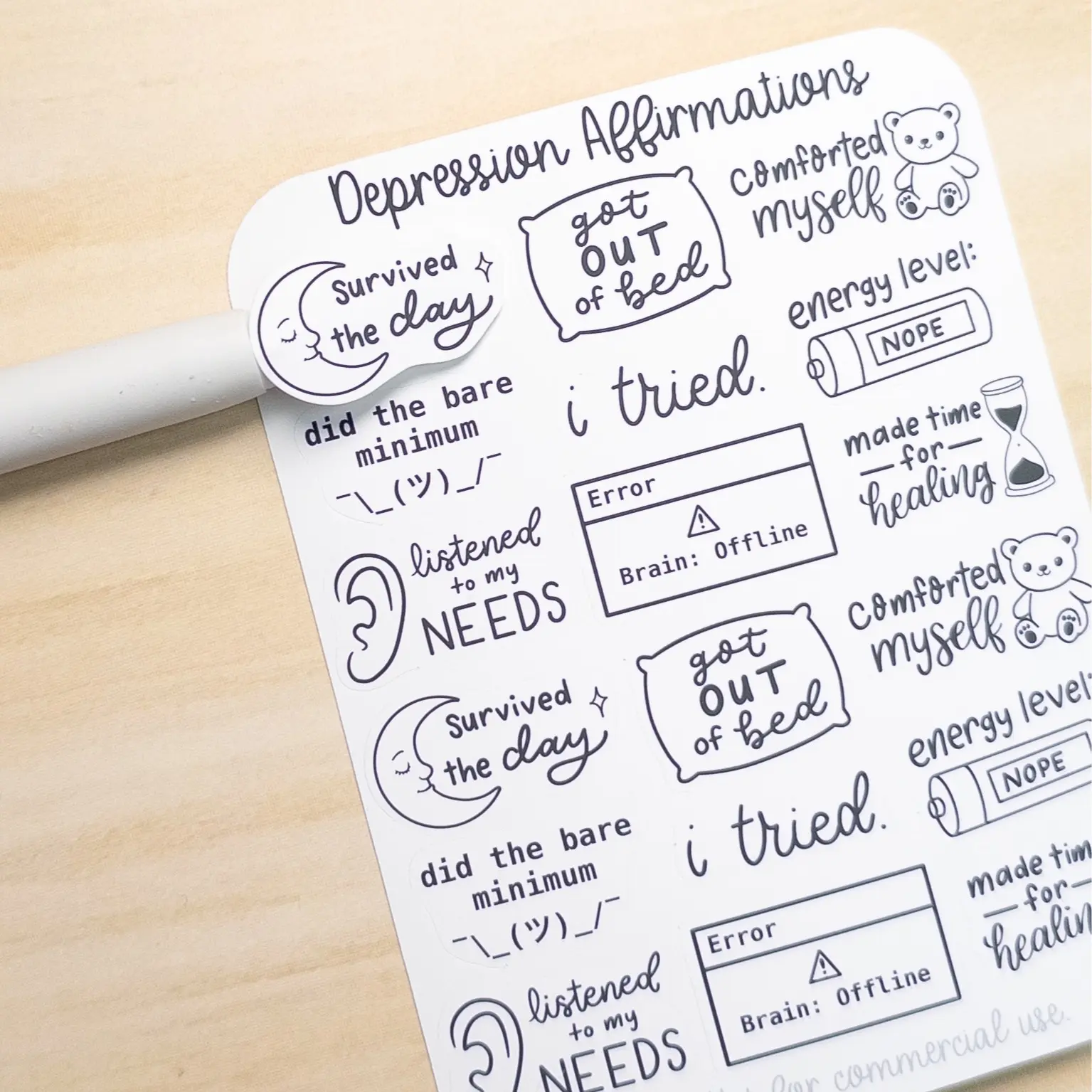 Depression Affirmations Sticker Sheet – Gentle Mental Health Planner Stickers | Black and White Lettering
