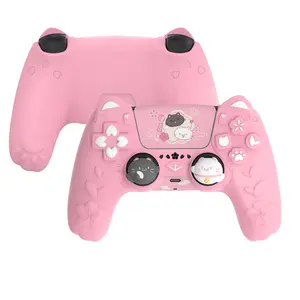 PlayVital for PS5 Controller Cover Skin - Cherry Blossoms Kitten Anti-slip Grip Skin with Thumb Grip & Sticker - Soft Rubber Protector for PS5 Controller Accessories - Pink