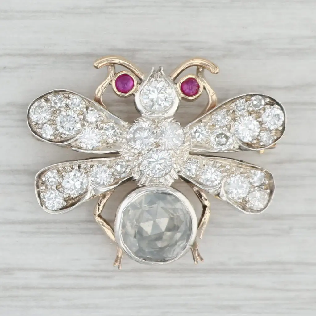 Antique 1.55ctw Diamond Ruby Fly Brooch 10k Gold Silver Bee Pin
