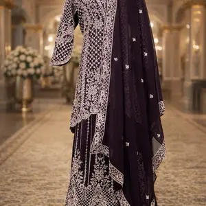 Typically a 3-piece suit consisting of a long kameez (top), a gharara or lehenga (bottom), and a dupatta (scarf). Womenswear