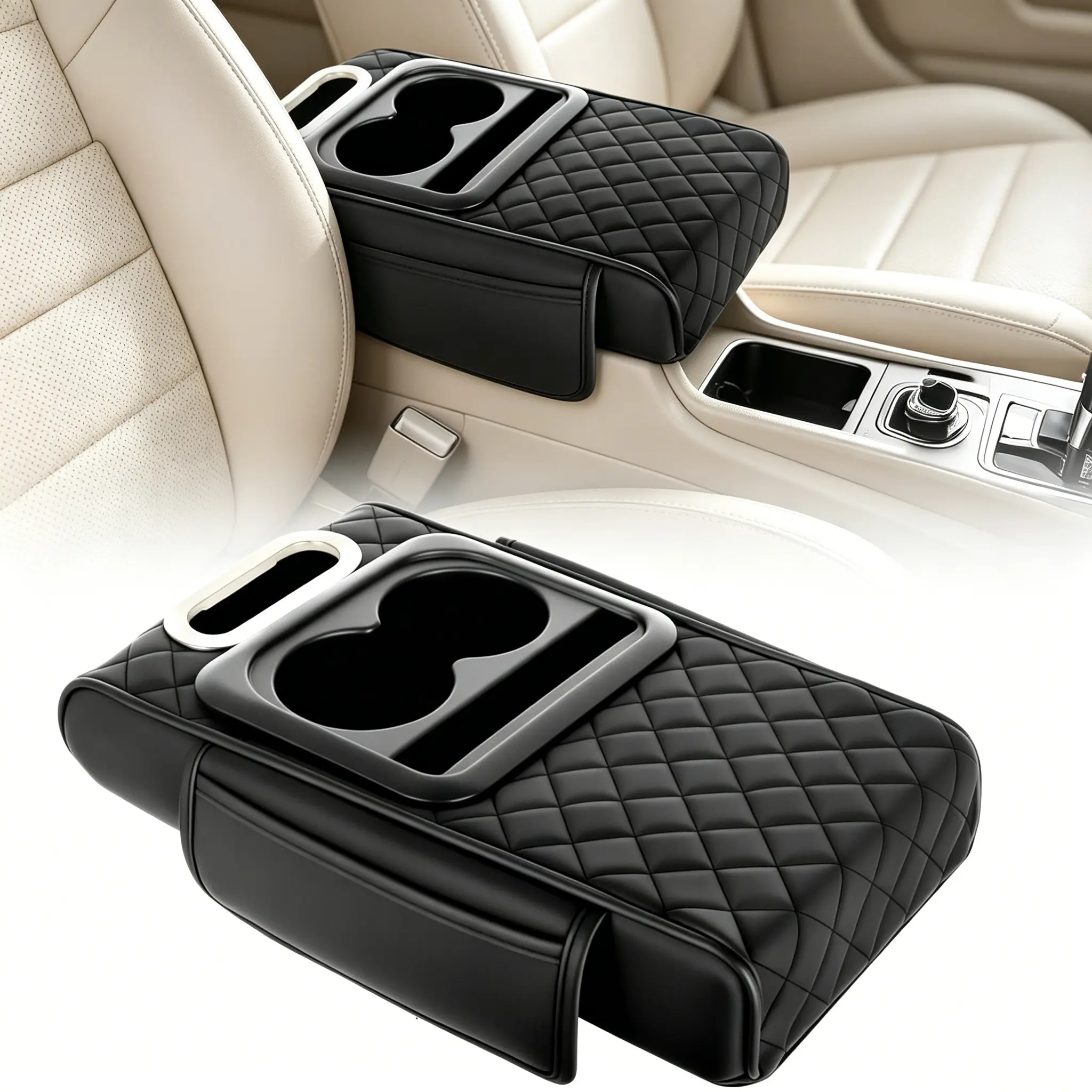 5-in-1 Center Console Cover with 2 Storage Bags Cup Holder,Car Armrest Cushion,Tissue Box Slot, Phone Slot for Sedans,Car Accessories Interior Organizers,Universal Style Memory Cotton Car Armrest Box Pad,Car decoration,Car accessories