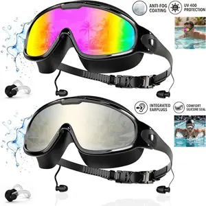 2-Pack Swimming Goggles Adult Wide View No Leaking Anti Fog Swim Goggles with Earplugs Nose Clip for Adult Men Women