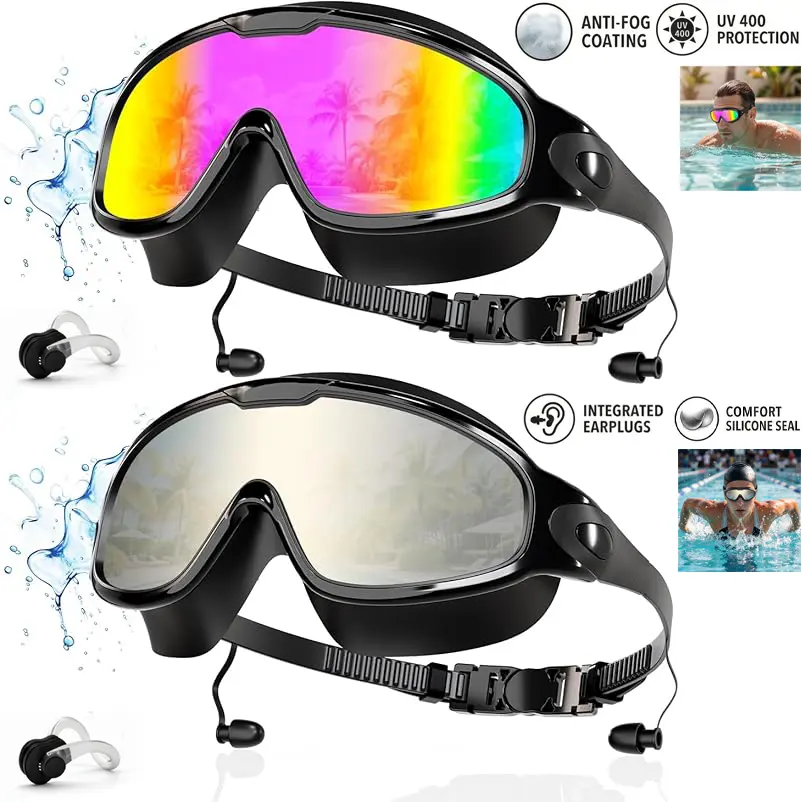 GMOX Swim Goggles 2-Pack with Attached Earplugs & Nose Clips for Adult Men & Women, Anti-Fog/UV No Leak Wide View Swimming Goggles , Crystal Clear Vision, No Raccoon Eyes,  Multi-protection Swimming Goggles for Water Fun