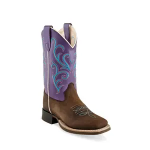 Old West Brown/Purple Youth Girls Leather Cowboy Boots