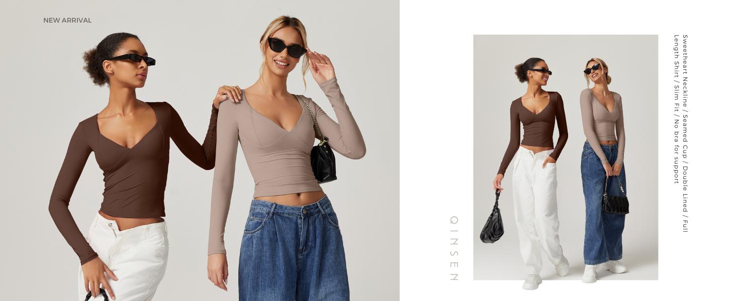 QINSEN V Neck Tops for Women Long Sleeve Crop Tops Double Lined Seamed Cup T Shirts