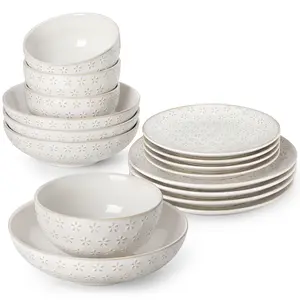 MALACASA 12/16 Pieces Stackable Stoneware Tableware, White/Blue Embossed Delicate Dinnerware Set for 4 People, Fiesta Plates and Bowls Set for Kitchen Lovers