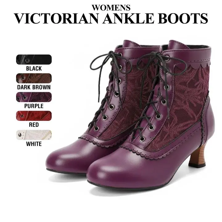 CYNLLIO Womens Vintage Ankle Boots Rounded Toe Kitten Heels Victorian Lace Up Fashionable Wedding Party Office Date Cosplay Clubbing Summer Retro Gothic Boot Shoes