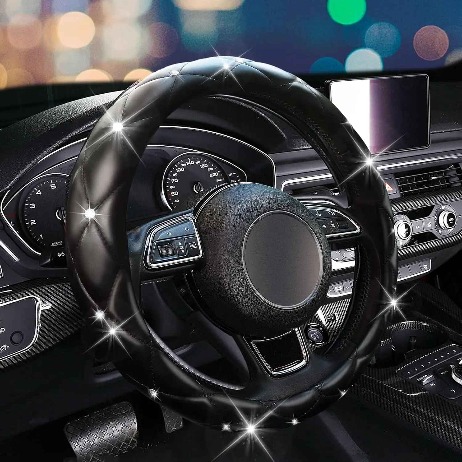 Steering Wheel Cover, Leather Car Steering Wheel Cover, Crystal Rhinestones Anti-Slip Soft Accessories for Women and Girl, Car Interiors Universal Fit For Nissan /Honda /Accord/Civic /CRV /Hrv /Kia /Sorento /Toyota /Corolla /4Runner /Camry /Hyundai /Mazda