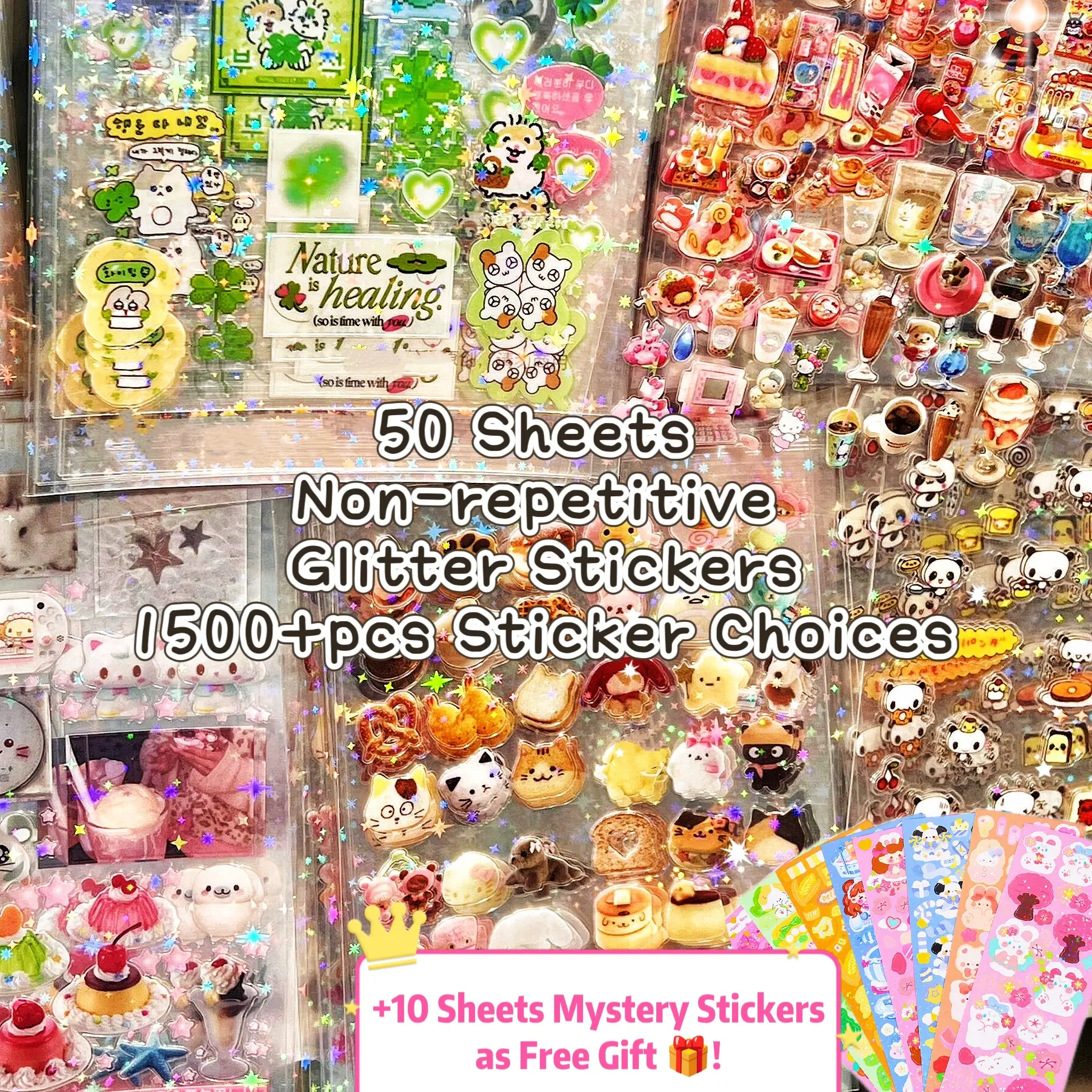 10/50 Sheets, 250+/1250+pcs Diverse Glitter Sticker Pack, Vintage & Y2K Stickers, Japanese Snack Sticker, Kawaii Scrapbook, Shiny Stickers, Cute Girly Sticker Book, DIY Craft, Journal Supplies, Phonecase Sticker Collection, Girls Favorite Cartoon Stickers