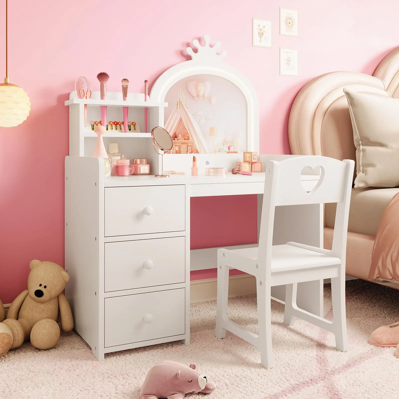 Garvee 2-in-1 Wooden Vanity Table with Lights, Stool & Drawer - Princess Pretend Play Makeup Desk for Little Ones, Ideal Gift for Birthdays and Christmas