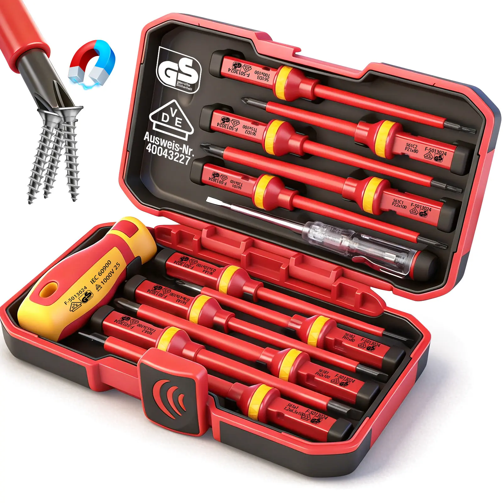1000V Insulated Electrician Screwdriver Set - Professional Electrical Screwdriver Set Insulation Handle CRV Steel Magnetic Phillips Slotted Pozi Torx Tips VDE & GS Certified