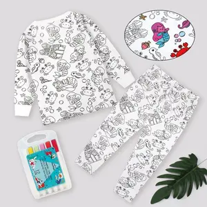Creative Color-In Kids Pajama Set with 12-Color Markers – Soft Bamboo Viscose Unisex Sleepwear, Snug-Fit Stretchy PJs with Fun Dinosaur & Mermaid Designs for Boys & Girls
