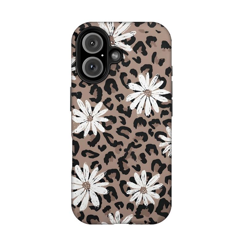 Leopard print daisy pattern, durable and shock-absorbing glossy 2-in-1 phone case, suitable for iPhone 17 16 15 14 13 12 11 X, Samsung and other series models, can be given as a holiday gift to friends or home