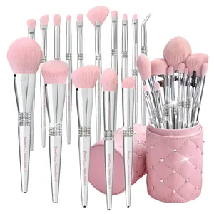 Valentine's Day Design Elegant pink Ultra soft labeled Makeup Brushes Sets with Brush Holder makeup brush set with Foundation Powder blush blending contour Brush (15Pcs Silver Pink+Holder)