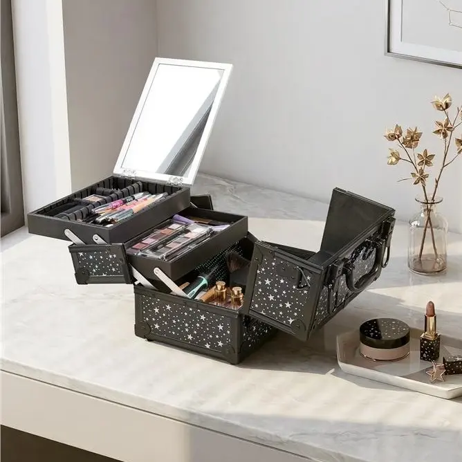 【Layered Storage】Yaheetech Makeup Train Case, Lockable Cosmetic Organizer with Built-in Mirror, 2 Trays, Bottom Compartment & Adjustable Dividers for Beauty Tools and Jewelry