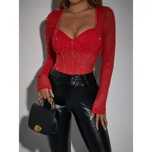 fashion outfits Women's Glitter Sequin Decor Sweetheart Neck Sheer Longsleeves Bodysuit, Elegant Long Sleeve Open Crotch Design Bodysuit for Party Holiday Vacation, Chic Ladies Clothes for All Seasons, Feminine Womenswear, Swimsuit Bodysuit