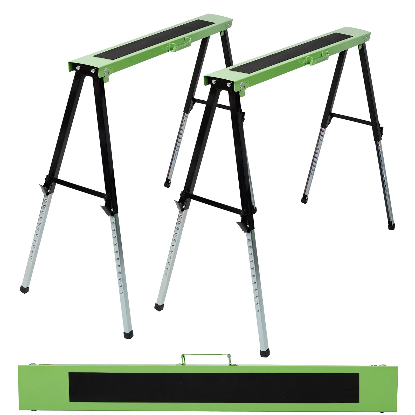 2 Pack Adjustable Sawhorse Folding Portable Workhorse with Fast Open Legs Convenient Handle for Garage Workshop Fully Assembled Green Black Color