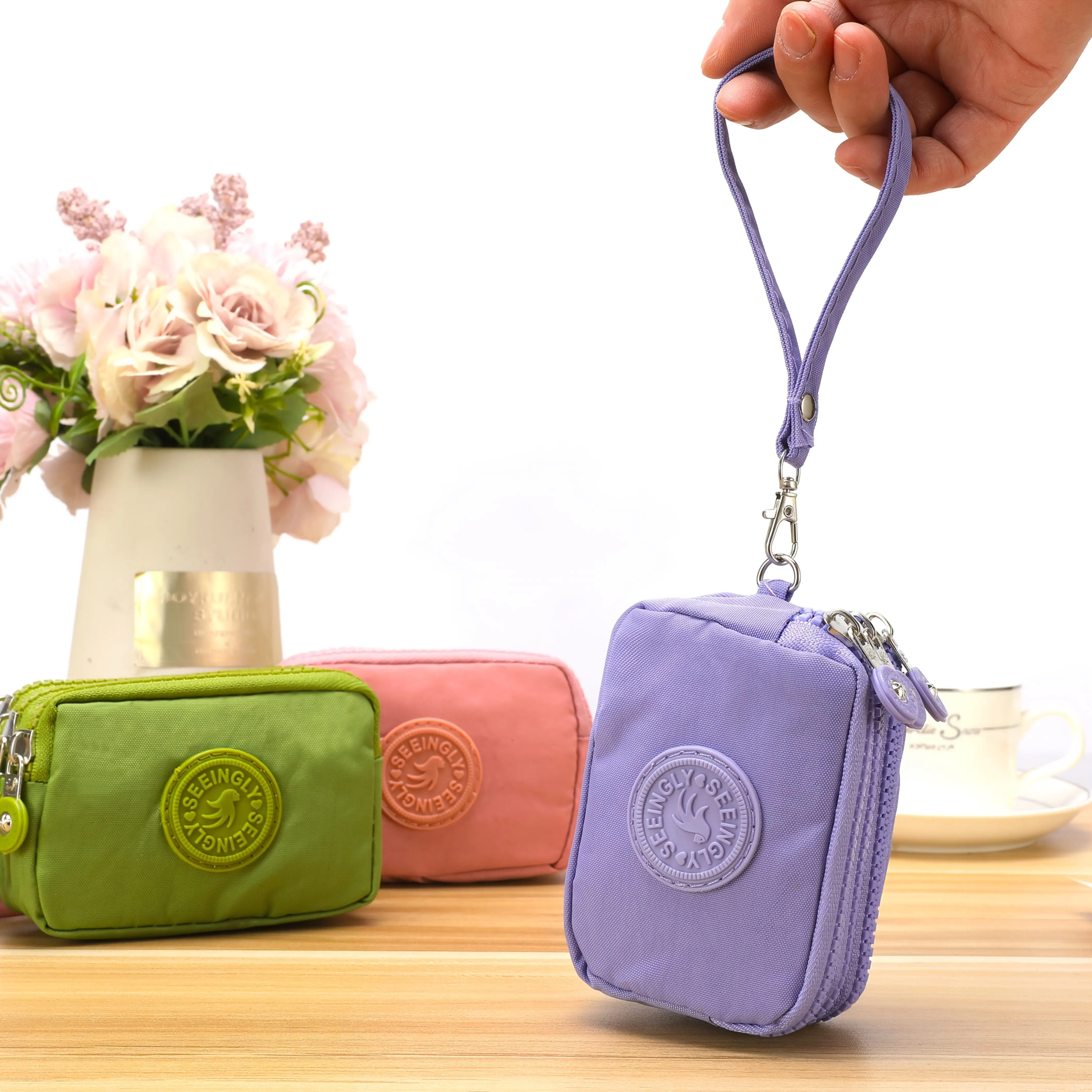 PIOMA Women's Vintage-Style High-Quality Nylon 3-Zip Mini Coin Purse - Vintage Chic Purse, Women's Wallets, Minimalist Plain Hangable Clip-On Bag, Purple Black Green, Hand Washable or Dry Cleanable, No Embroidery No Oil Edges, Purses For Women