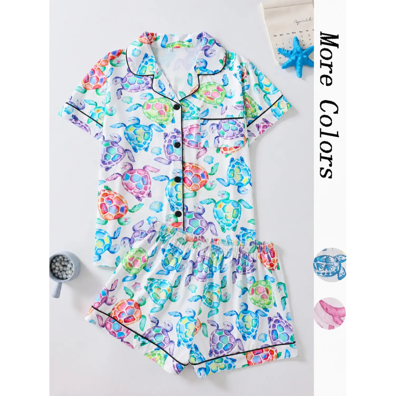 Women's Turtle Print Pajama Short Set - Comfy Short Sleeve Top & Shorts, Summer Sleepwear & Loungewear