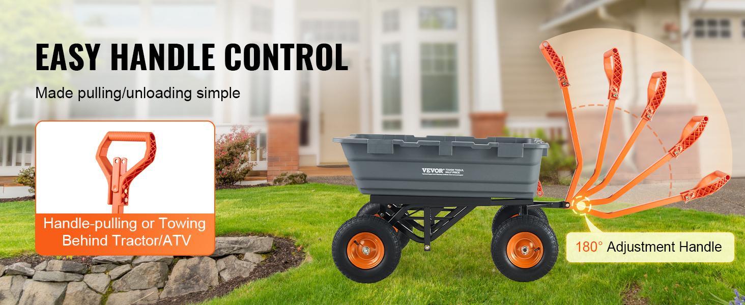 VEVOR Poly Garden Dump Cart Load Hauler, Easy-to-Assemble Steel Frame, 2-in-1 Convertible Handle, 13-in Rubber Tires, 360&deg; Swivel Wheels, 180&deg; Control, 600-1500 lbs Max Capacity, Mesh Cover, Home Improvement Utility Wheelbarrow
