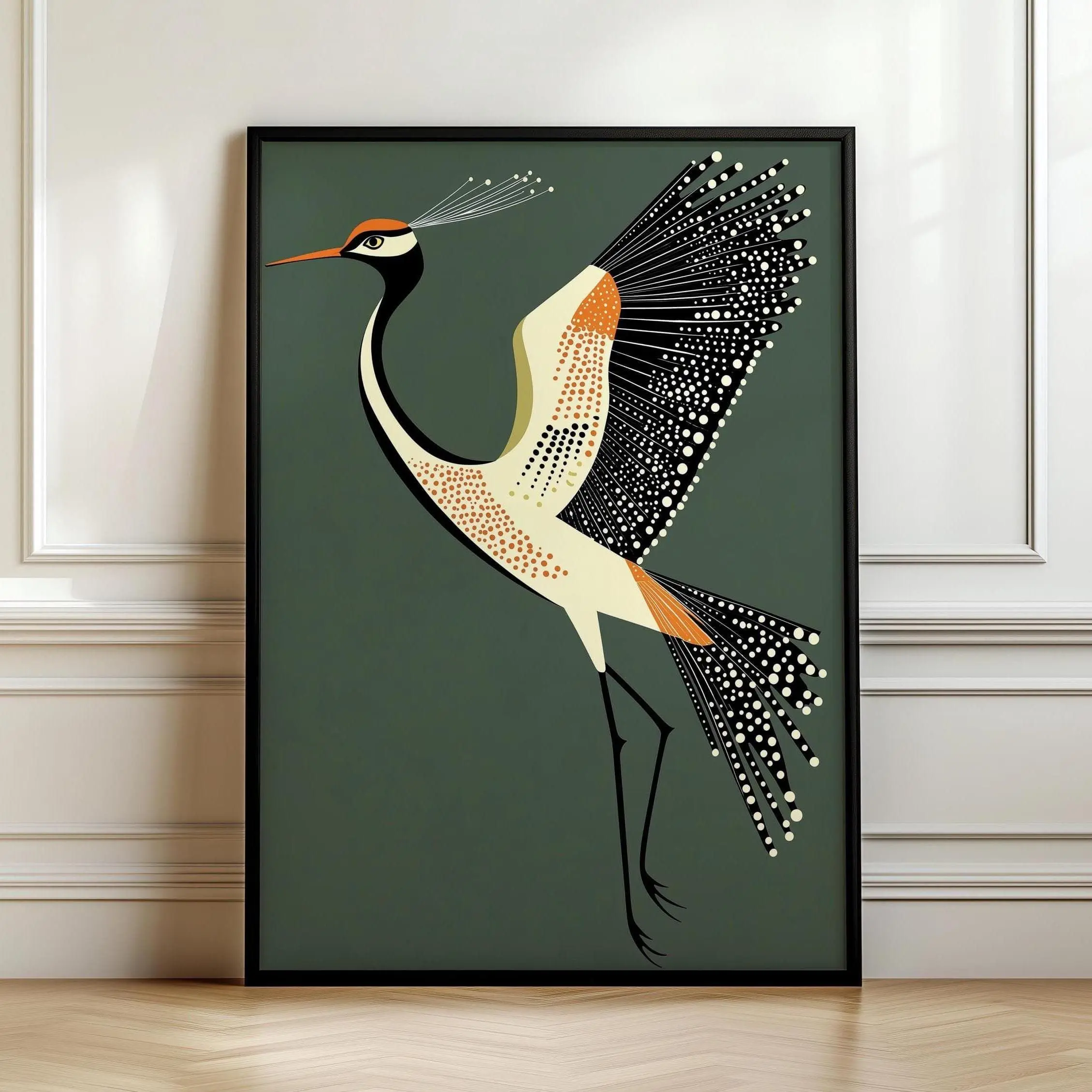 Fancy Flying Crane, Art Deco Wall Art, Retro Mid Century Modern House Decor, Bird Lover Decor, Vintage Japandi Wall Art,