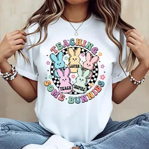“Teaching Some Bunnies” Teacher T-Shirt, Cotton, Casual, Crew Neck, Short Sleeve, Regular Sleeve, Summer T-Shirt, Machine Washable, Do Not Dry Clean, Made in USA