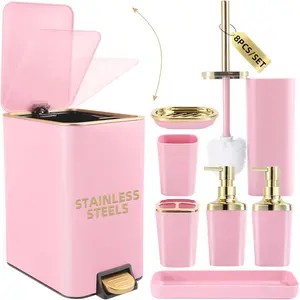 Pink Bathroom Accessories Set 8 Piece Pink and Gold Bathroom Set, Bathroom Sets with Stainless Steel Trash Can,Toilet Brush,Toothbrush Set,Soap Dispenser XLHOMO