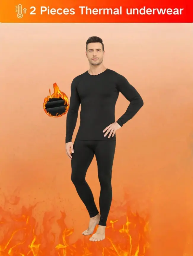 Autumn & Winter Menswear Long Round Neck Velvet Thermal Menswear Set - 4 Pieces (2 Sets), Cozy Loungewear Base Layer for Home, Outdoor Skiing, Shirt