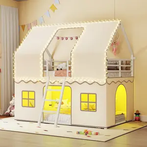 Sikaic Bunk Bed Twin Over Twin with Play Curtain, House Bunk Bed with LED Lights, Metal Kids Bunk Bed with Inclined Ladder and Guardrail, Space Saving, No Box Spring Needed