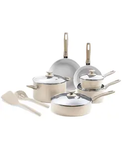 GreenPan Dover Ceramic Nonstick 12-Piece Cookware Set with Aluminum Body, Tempered Glass Lids, and Silicone Tools for Efficient Meal Prep