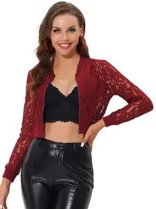 INSPIRE CHIC Crop Jacket Stand Collar Zip Up Mesh Sheer Lace Bomber Jackct