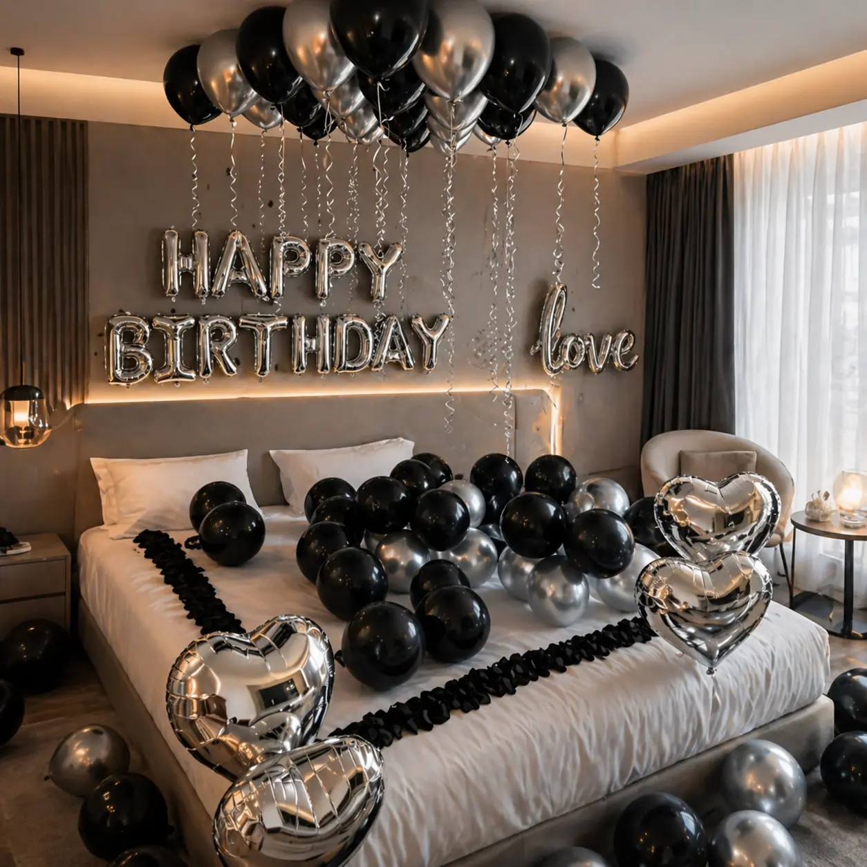 580PCS Black & Silver Balloon Garland Arch Kit - Black Rose Petals, Wall-Mounted Balloon Decor, Black(Birthday Suit Without Numbers)-1Set with Rose Accents, Photo Backdrop for Men's Birthday Party Full Setup