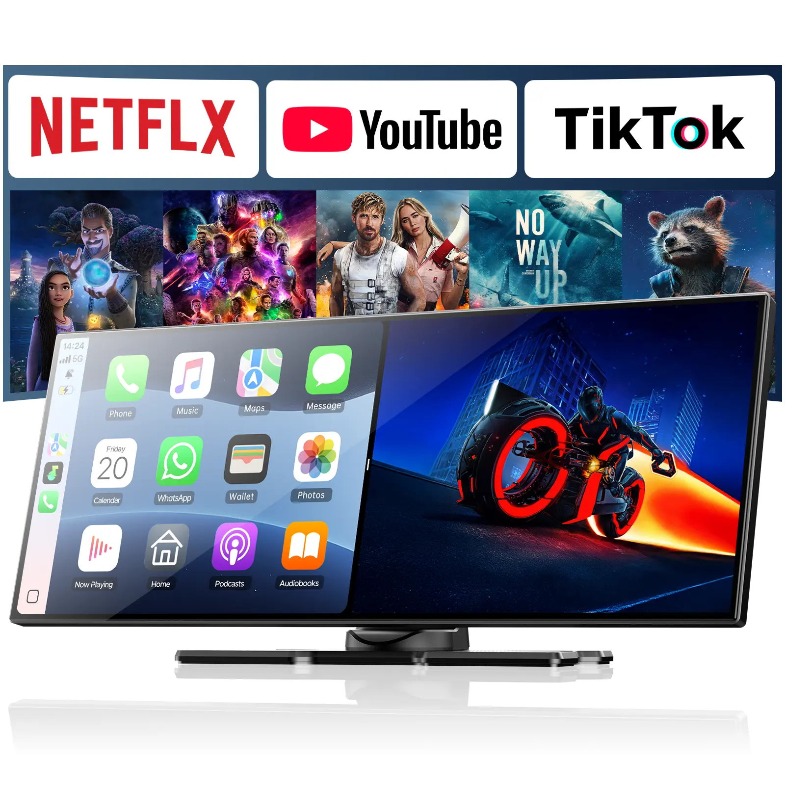 LAMTTO 10.25" Big Wireless CarPlay Screen Watch Youtube/Netflix/TikTok While Parked Auto-Connect, iPhone 8–16+ & Android 11+ Any Car Upgrade