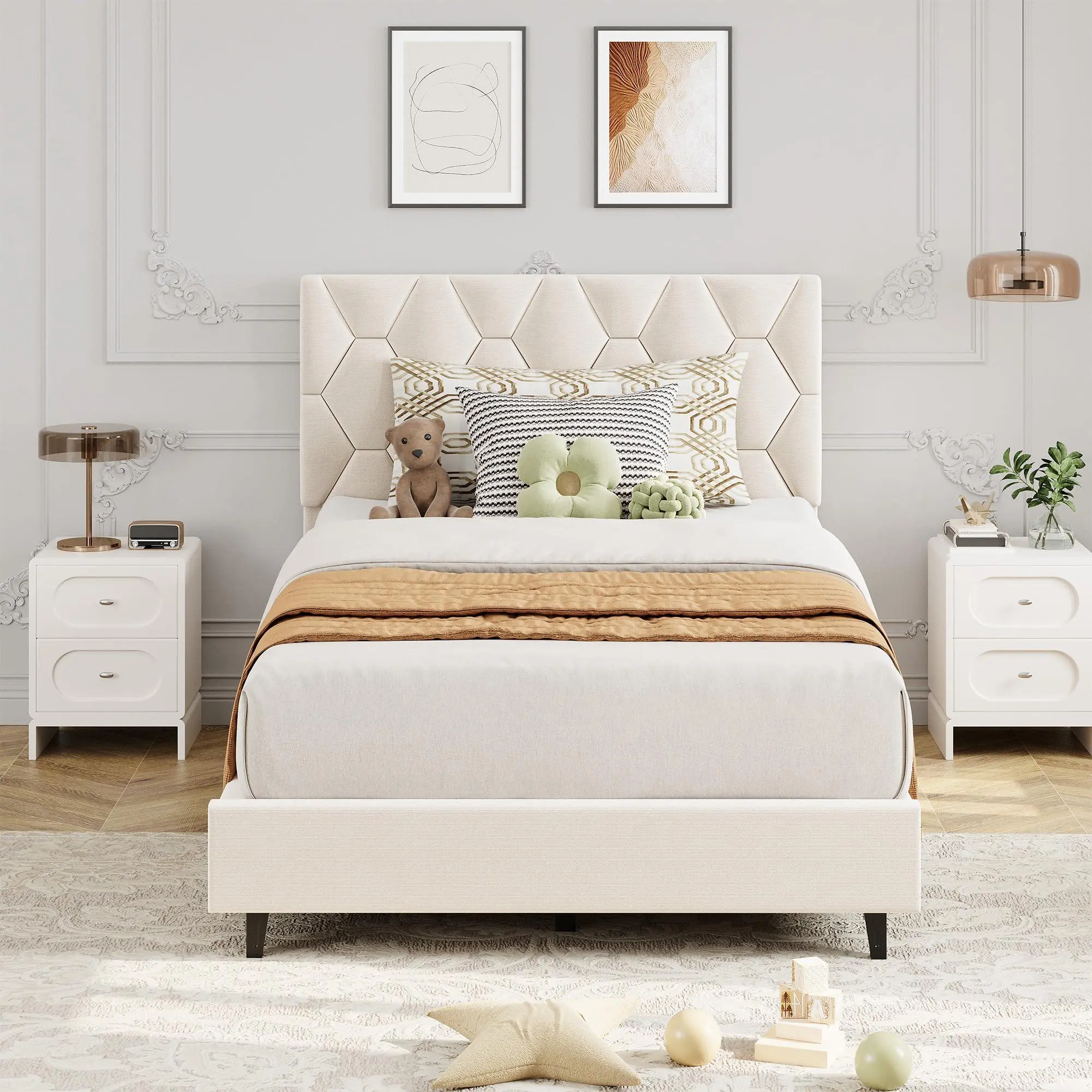 Gaomon Beige Twin Metal Bed Frame - Heavy-Duty Upholstered Platform with Diamond Block Upholstered Headboard, Strong Wood Slats, 8.3-12.2" Mattress Compatibility, No Box Spring Needed, Noise-Free, Easy Setup