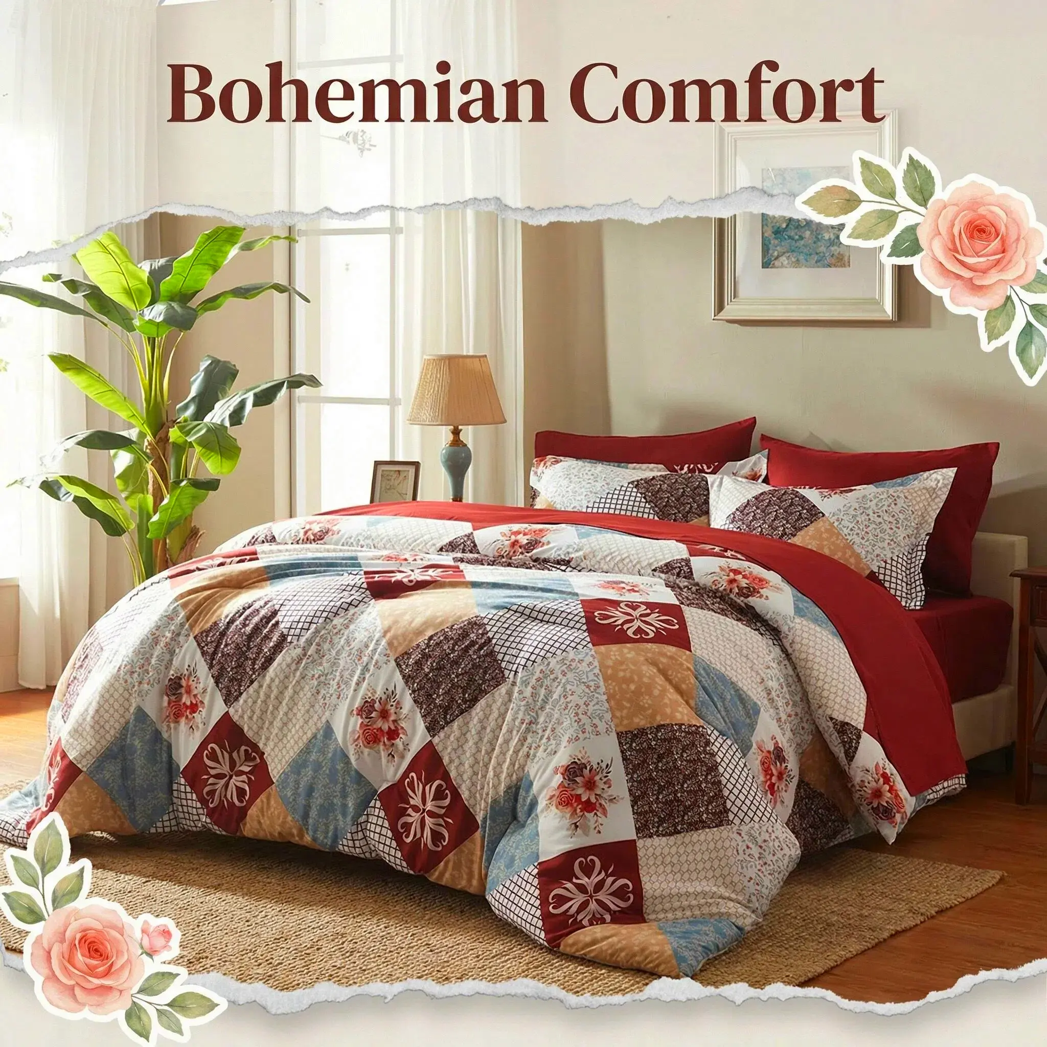 Cosybay 7 Pieces Comforter Set Queen/King/Full, Reversible Bed in a Bag, All Season Luxury Bedding Set with Comforter, Flat Sheet, Fitted Sheet, Pillowcases & Shams, Brown Bohemian Quilt Set  Tufted Boho Luxury Bedding Sets with Comforter #Summervibes